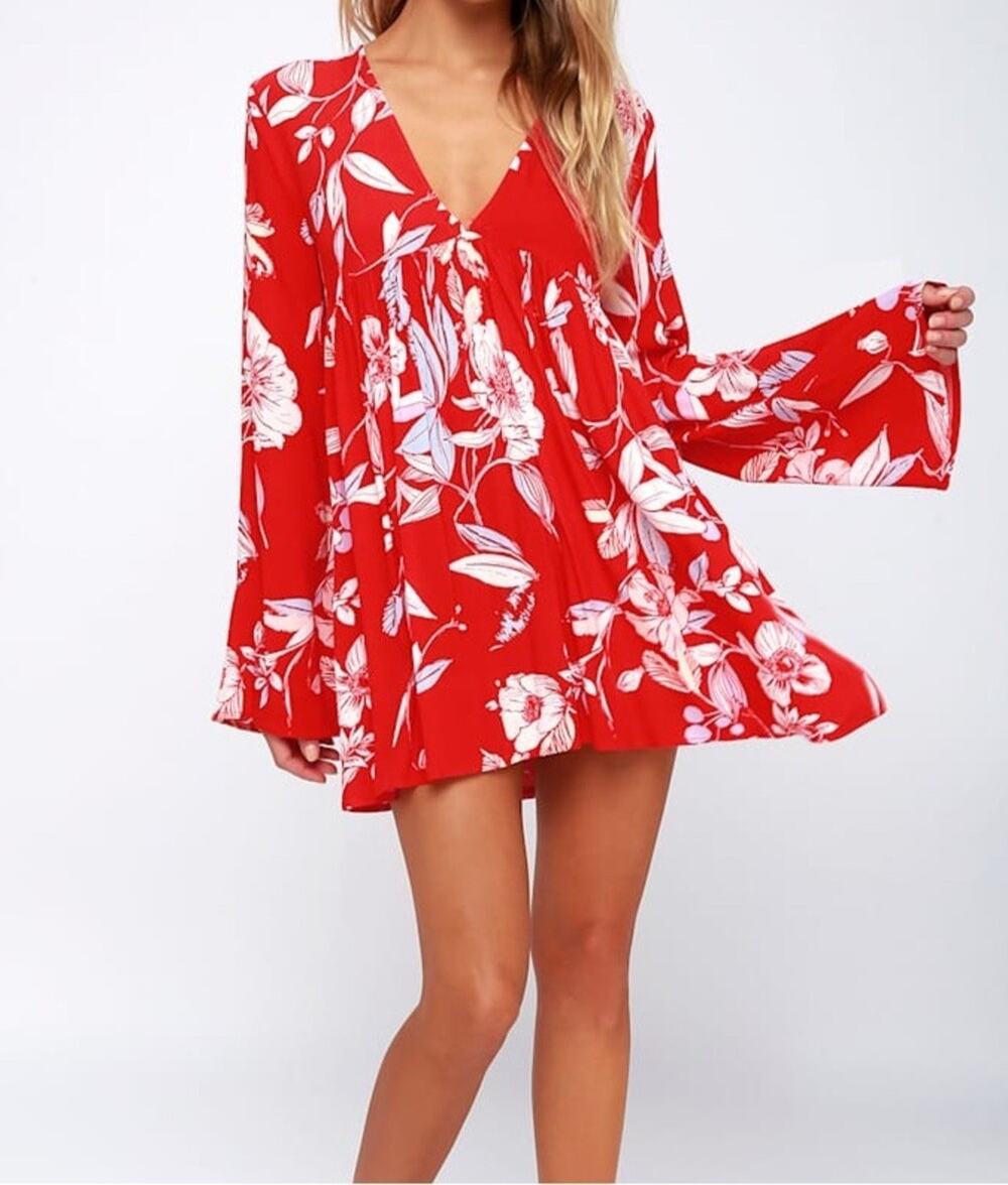 Free People Bella Floral Tunic Top Dress Womens size L Red Flare Sleeves